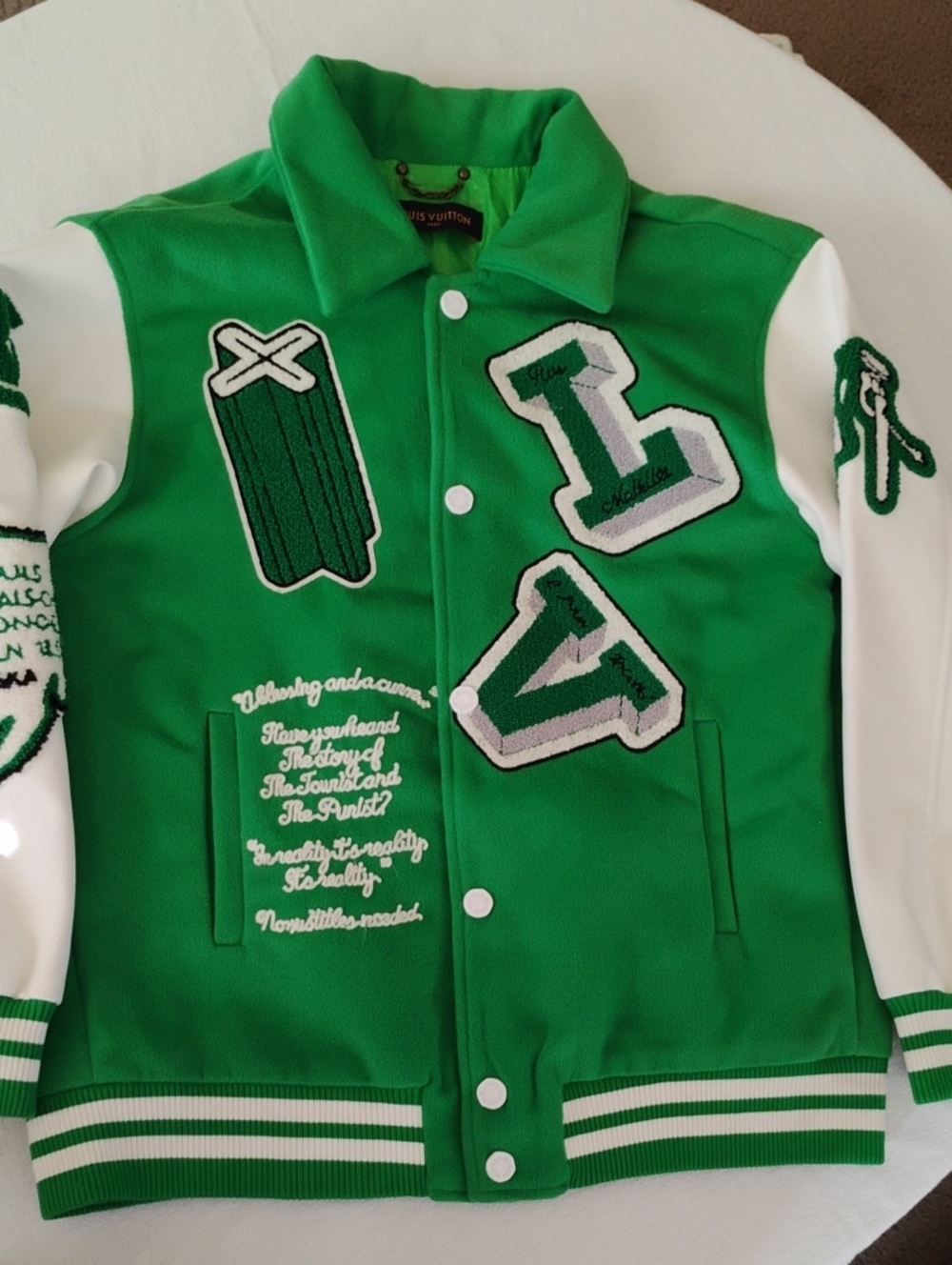 Louis Vuitton Men's Green & White Embroidered Varsity Jacket Sz S Made In Italy